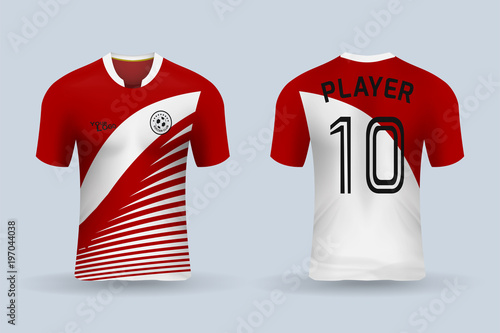 3D realistic mock up of front and back of soccer jersey shirt. Concept for soccer team uniform or football apparel mockup. Red soccer kit t-shirt template design in vector illustration.