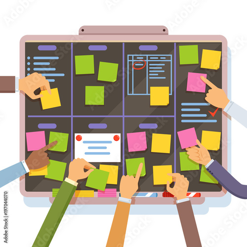 Agile project plan. Hands holding and put notes on the planning board