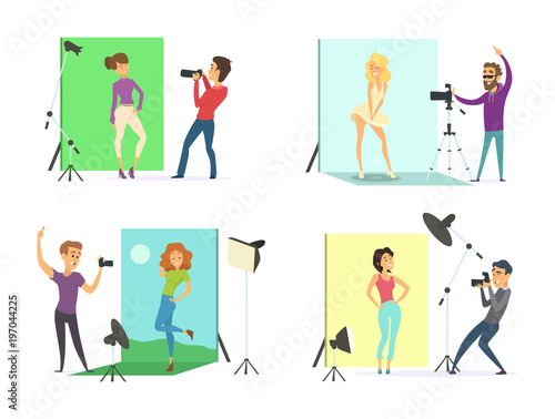 Models male and female posing for photos. Photographers at works in the photo studio