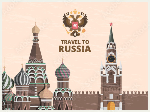 Fotografia Vintage poster or travel card with illustrations of kremlin russian cultural lan