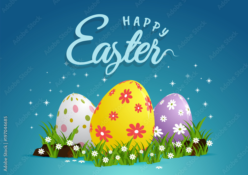 Happy Easte with Eggs, Grass, Flowers