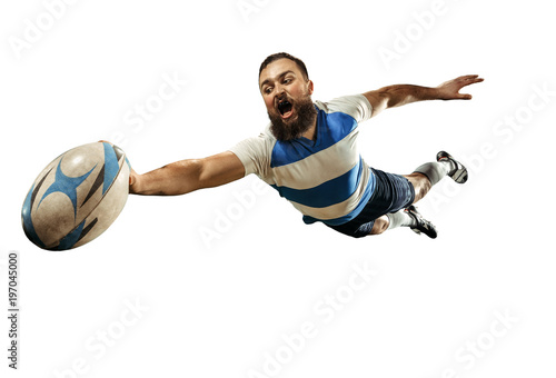 Schilderij op canvas The silhouette of one caucasian rugby man player isolated on white background