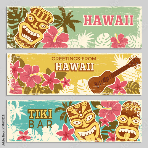 Horizontal banners set with illustrations of hawaiian tribal gods and other different symbols