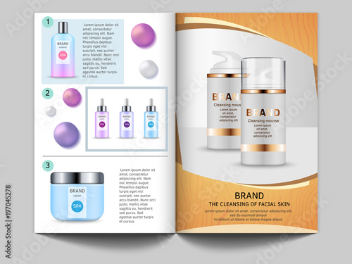 Design template of magazine. Vector pictures of cosmetics bottles and place for your text