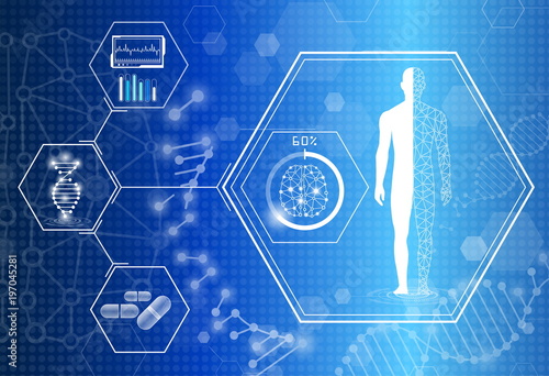 abstract background technology concept in blue light,brain and human body heal ,technology modern medical science in future and global international medical with tests analysis clone DNA human