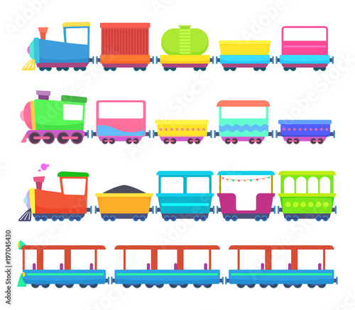Childrens toys. Miniatures of colored cartoon trains