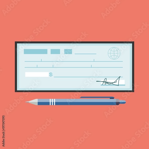 Cheque vector illustration. Cheque icon in flat style. Cheque book on colored background. Bank check with pen. Concept illustration pay, payment, buy. photo