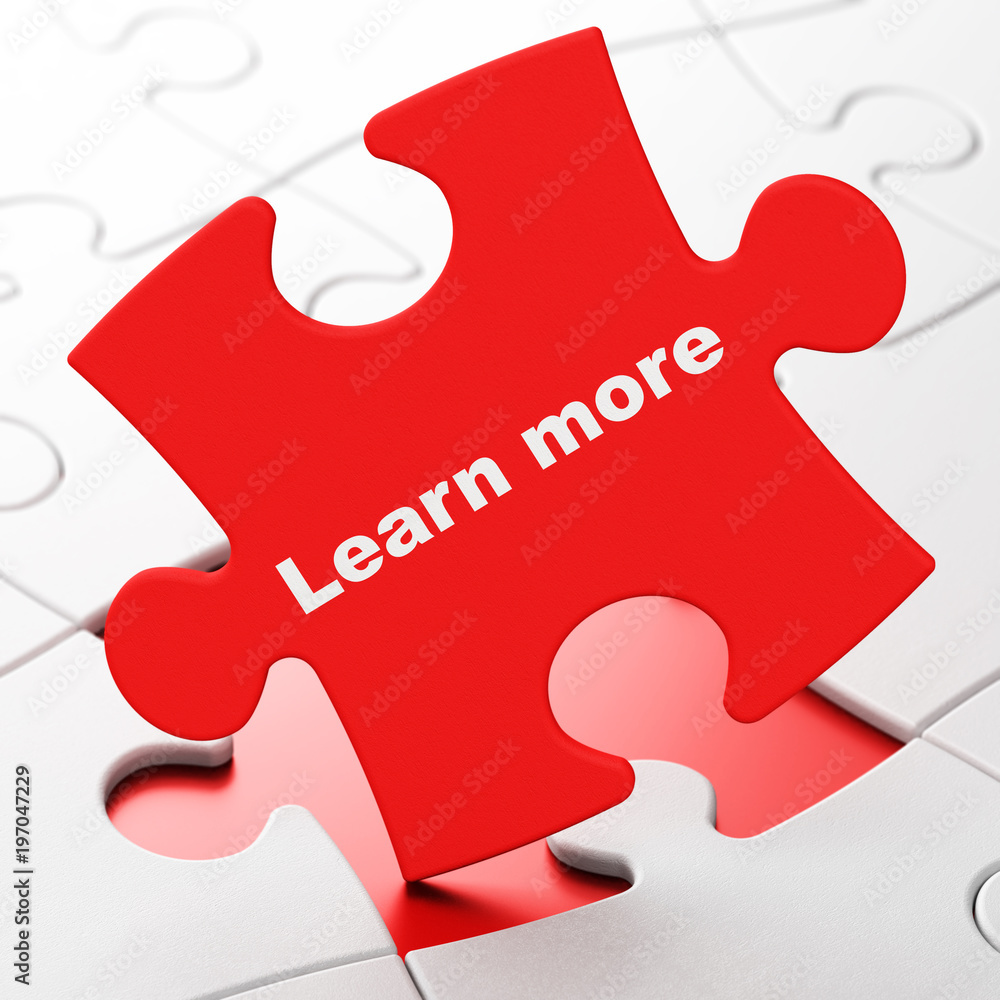 Studying concept: Learn More on Red puzzle pieces background, 3D rendering Studying concept: Learn More on Red puzzle pieces background, 3D rendering