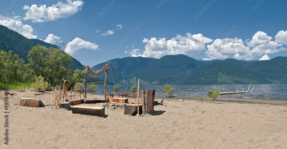 summer sandy beach large lake in the mountains
