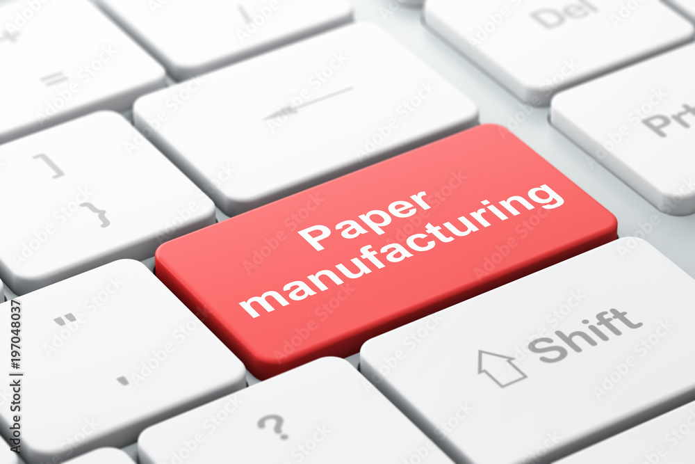 Manufacuring concept: computer keyboard with word Paper Manufacturing, selected focus on enter button background, 3D rendering Manufacuring concept: computer keyboard with word Paper Manufacturing, selected focus on enter button background, 3D rendering