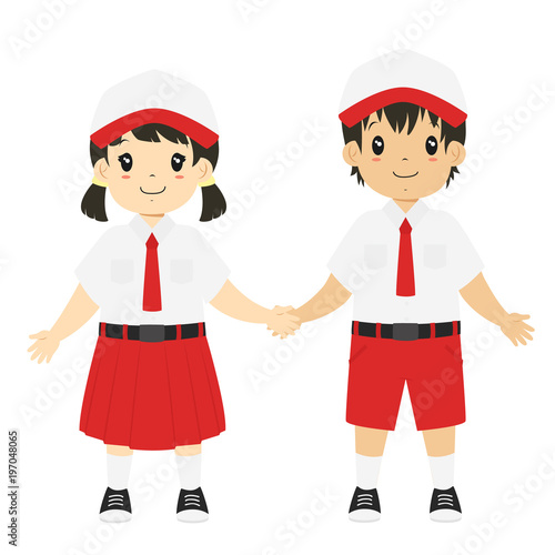 two happy kids wearing Indonesian elementary school uniform and holding hands. Indonesian students cartoon vector