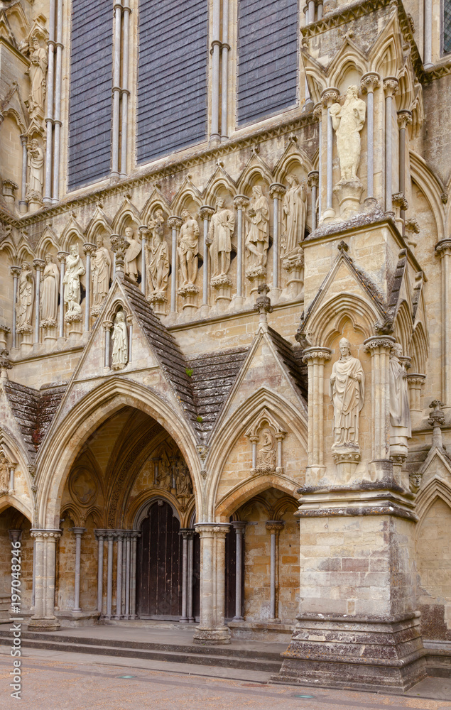 Salisbury Cathedral  facade detail with statues Wiltshire South West England UK