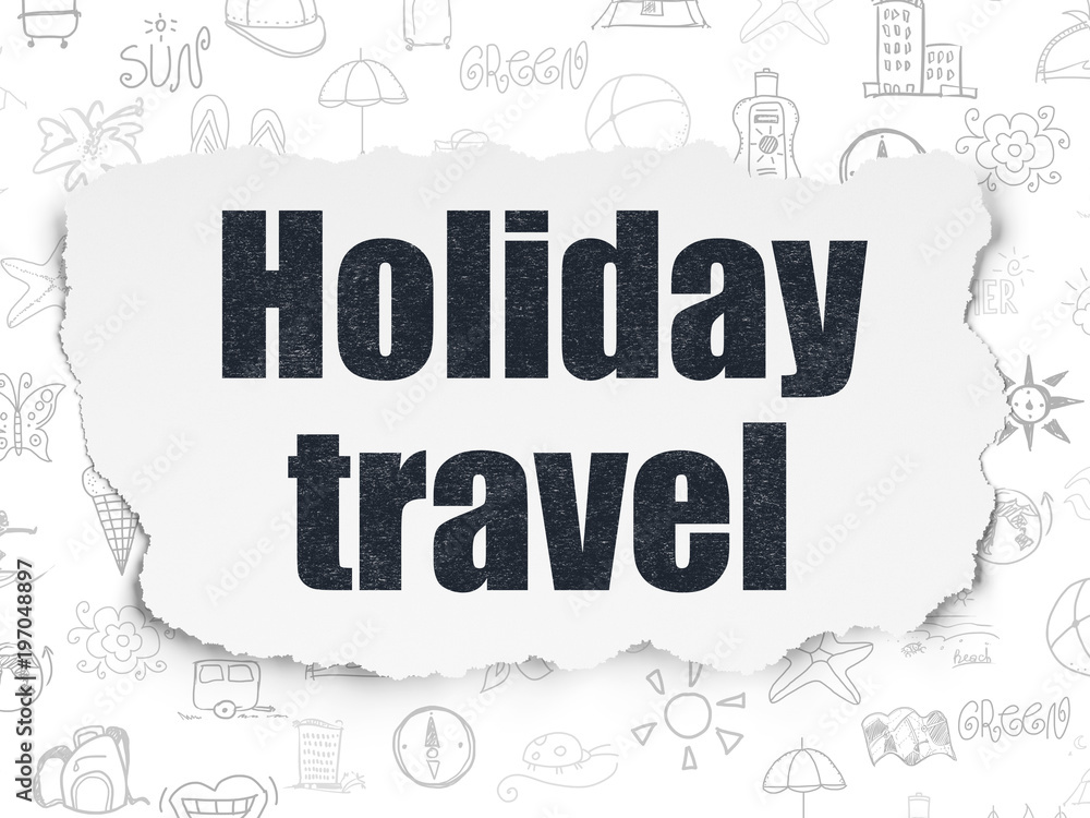 Tourism concept: Painted black text Holiday Travel on Torn Paper background with  Hand Drawn Vacation Icons