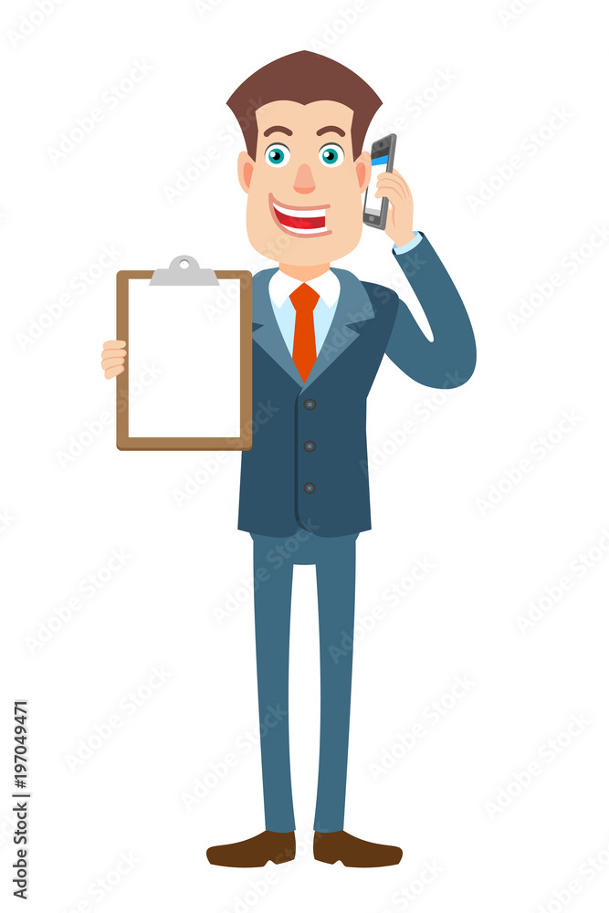Businessman talking on mobile phone and showing clipboard