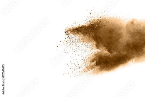 Freeze motion of brown dust explosion. Stopping the movement of brown powder. Explosive brown powder on white background. Dry soil splater on white background. photo