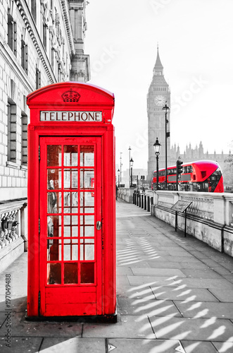 Red telephone box and Big Ben in London with isolated color effect.