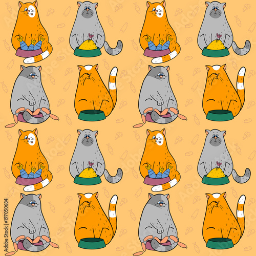 Seamless pattern with red and gray cats