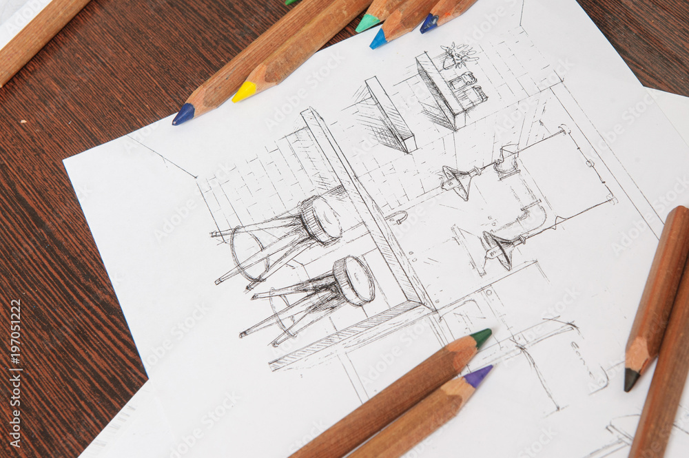 Fototapeta premium Outline drawings for the design of the kitchen design, everything is drawn in pencil. Beautiful, brick walls.