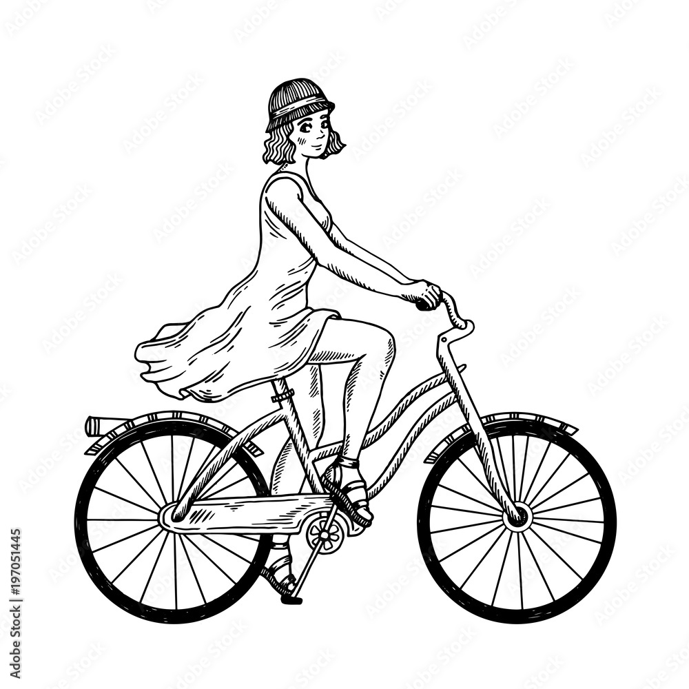 Young woman ride on bicycle engraving vector Young woman ride on bicycle engraving vector