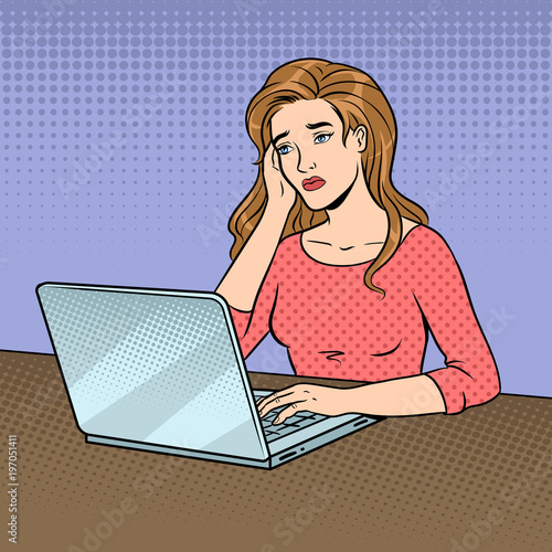 Sad girl with laptop pop art vector illustration
