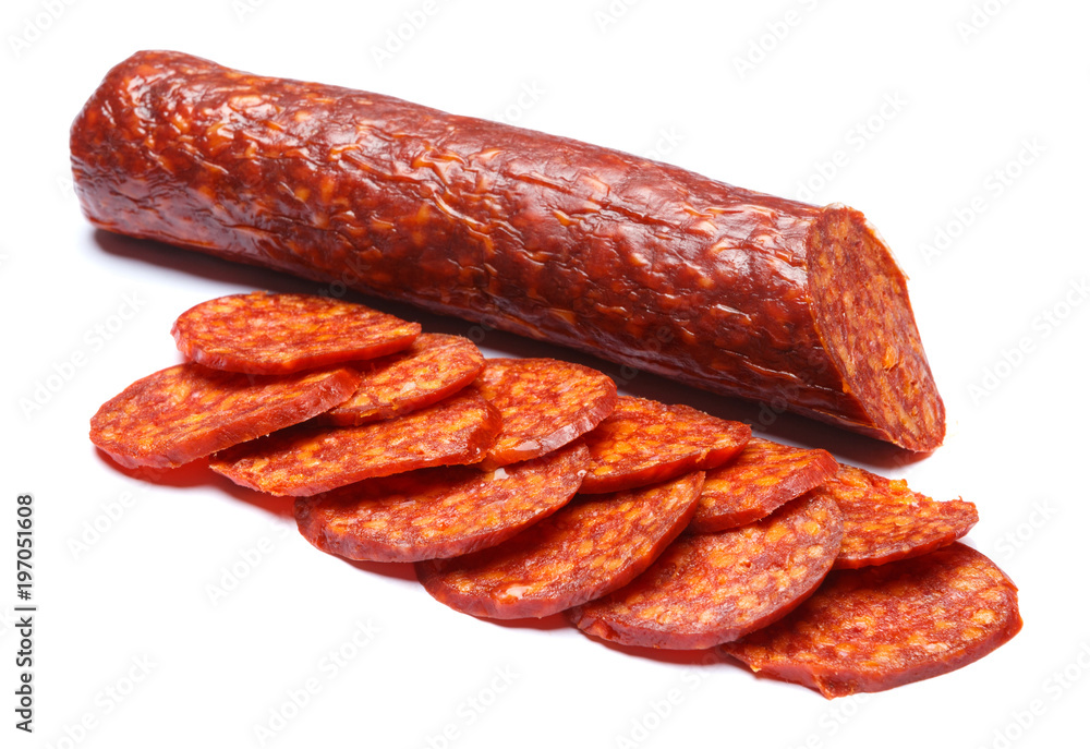 Spanish chorizo sausage on white background Spanish chorizo sausage on white background