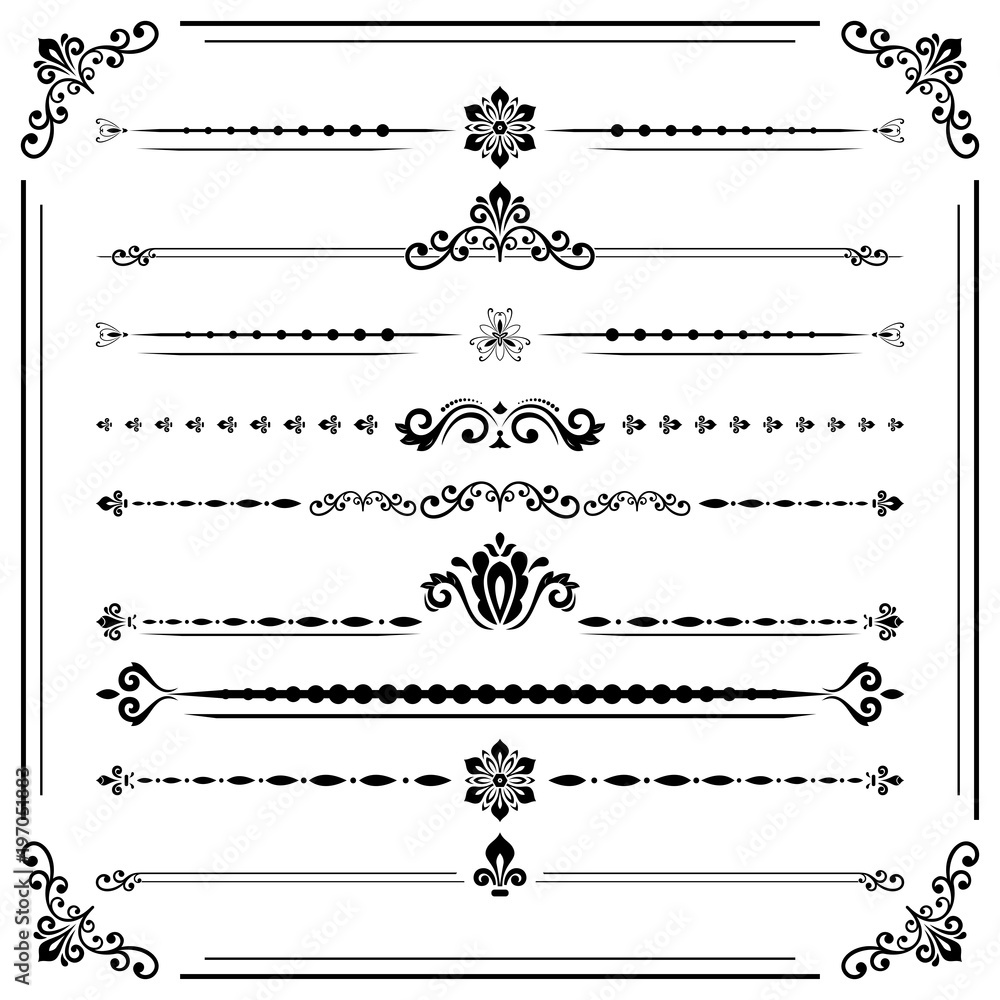 Vintage set of vector decorative elements. Horizontal separators in the frame. Collection of different ornaments. Classic patterns. Set of black and white patterns