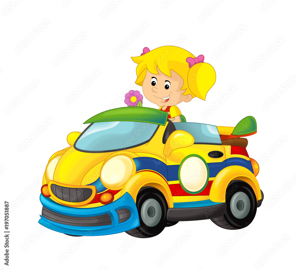 Cartoon scene with girl in sports car smiling and looking - illustration for children Cartoon scene with girl in sports car smiling and looking - illustration for children