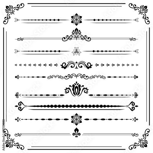 Vintage set of vector decorative elements. Horizontal separators in the frame. Collection of different ornaments. Classic patterns. Set of black and white patterns