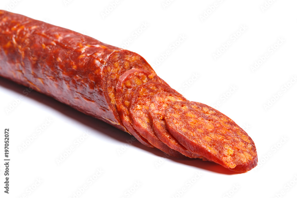 Spanish chorizo sausage on white background Spanish chorizo sausage on white background