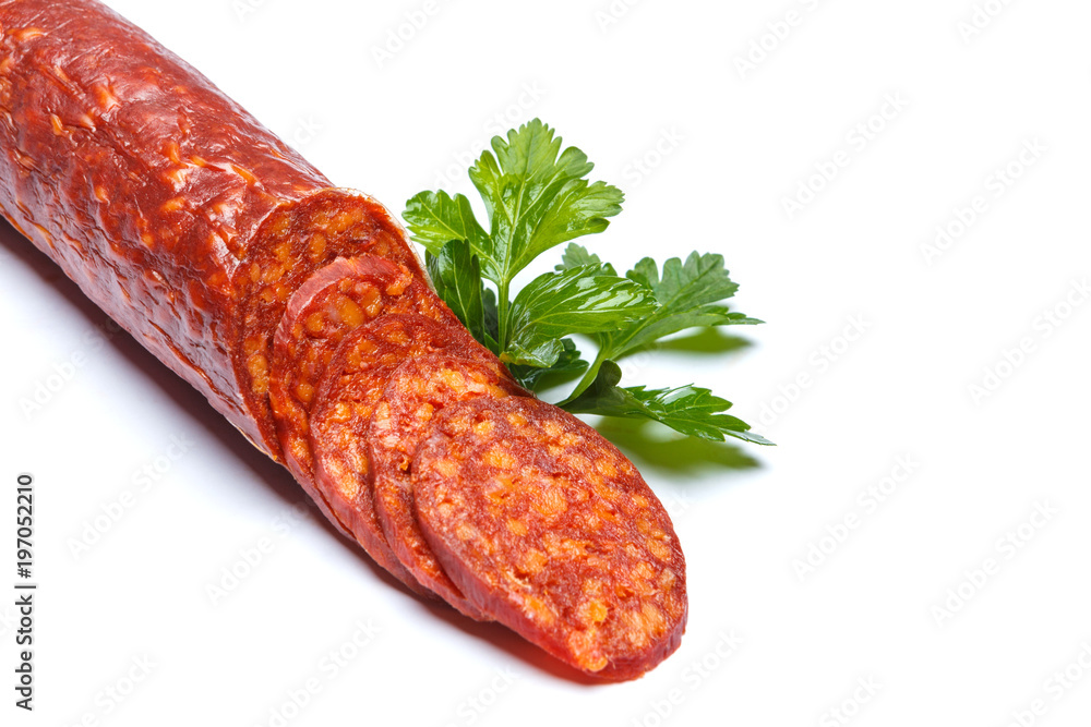 Spanish chorizo sausage on white background Spanish chorizo sausage on white background