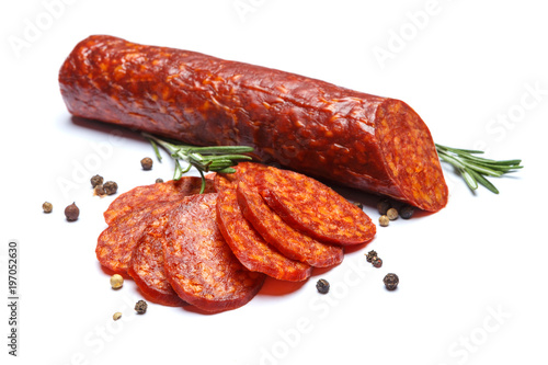 Spanish chorizo sausage on white background photo
