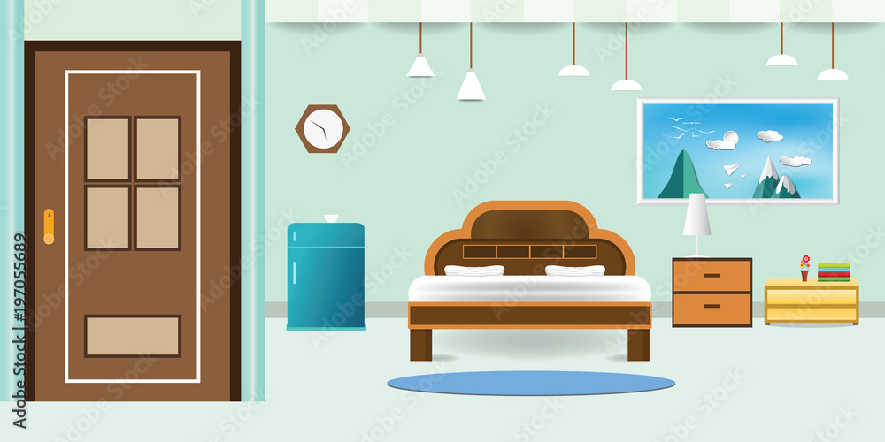 Fototapeta premium bedroom interior flat design relax that have door refrigerator blue cabinet, picture frame sky cloud landscape on mountain, in wall color soft green background. vector illustration