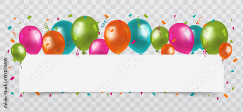 Colourful Balloons with confetti and streamers white Paper free Space. Transparent background. Birthday, Party and Carnival Vector.