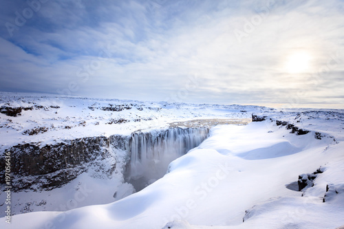 Famous waterfall in Iceland in winter