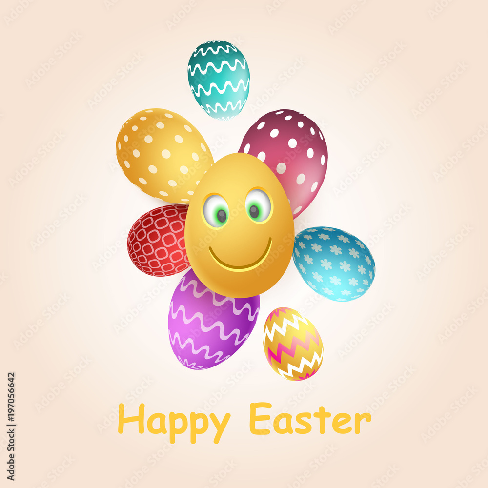 Happy easter greeting card, colorful 3d easter eggs with geometric pattern. Merry cartoon egg.Vector illustrations