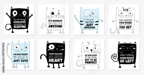 Vector cartoon sketch funny cat illustration with cute lettering phrase