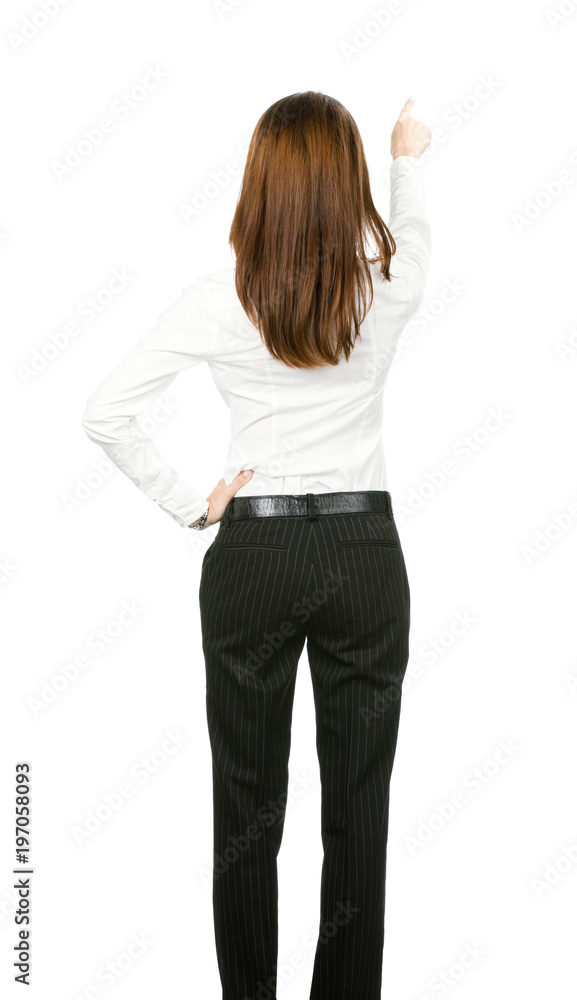 Businesswoman pointing at something in her back, isolated Businesswoman pointing at something in her back, isolated
