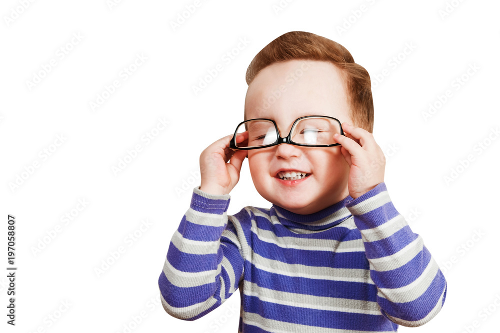 Smiling baby boy dresses glasses. Isolated on white.