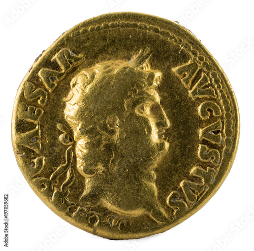 Ancient Roman gold aureus coin of Emperor Nero. Obverse. photo