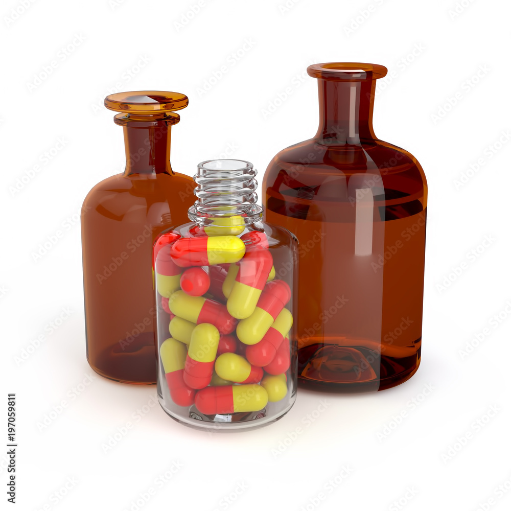 3d rendering bottle with medication pills and liquid medicine solution medicine laboratory health illness 3d rendering bottle with medication pills and liquid medicine solution medicine laboratory health illness