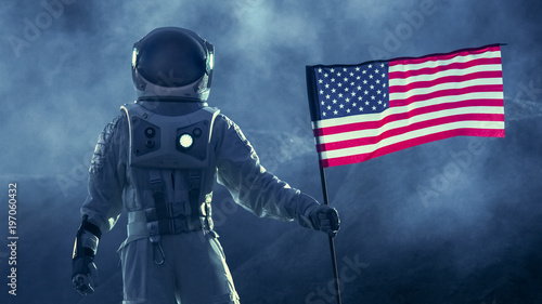 Strong Astronaut Walks Through the Storm with a Flag of Unites States of America, Proudly Pants it on the Dark Alien Planet. Space Travel, Colonisation Theme.