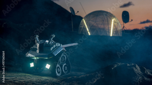 Tableau sur toile Shot of a Research Base/ Station and Rover on Alien Planet Mars or Venus