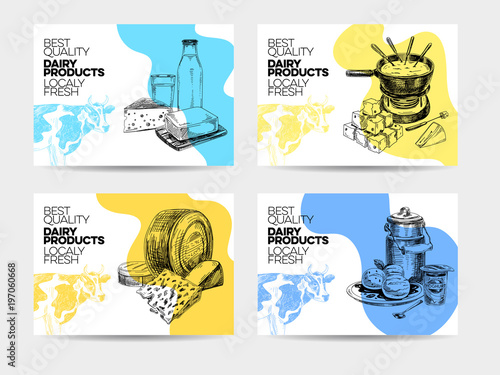 Beautiful vector hand drawn dairy products card set.