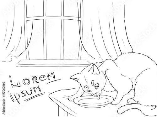 Background coloring line - window and cat with place for text