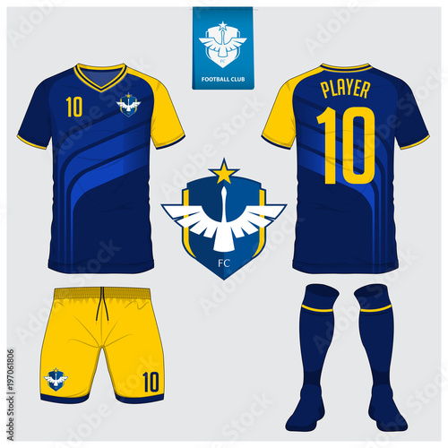Soccer jersey, football kit, t-shirt sport, short, sock template design for sport club. Football t-shirt mock up. Front and back view soccer uniform. Flat football logo design. Vector Illustration.