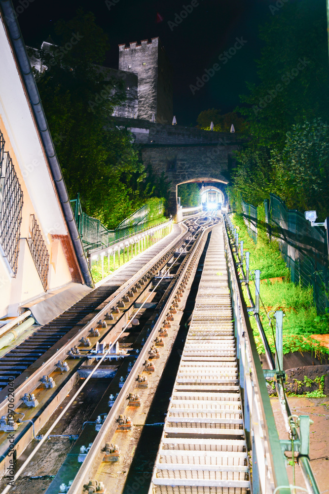 Funicular ride, rails and tunnel en route