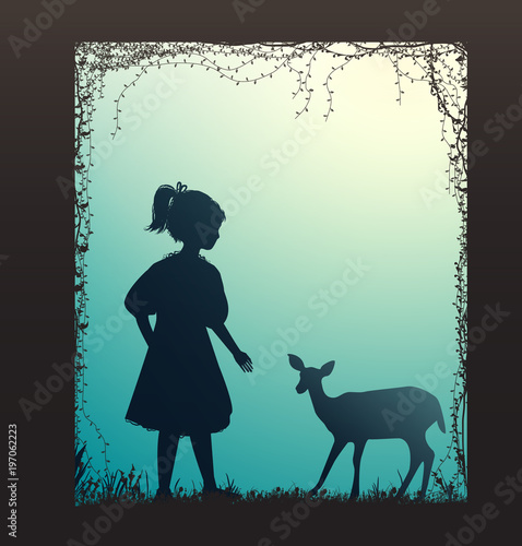 girl and small deer silhouette, forest story,