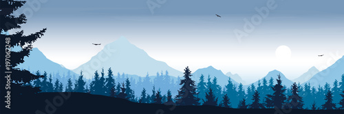 wide mountain landscape with forest and flying birds under the morning sky with clouds and rising sun - vector, suitable for outdoor advertising