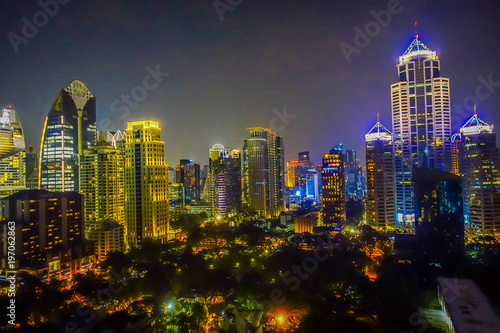 Bangkok Night city skyline .Panoramic and perspective view light gold background of glass high rise building skyscraper commercial of future. Business concept of success industry tech architecture