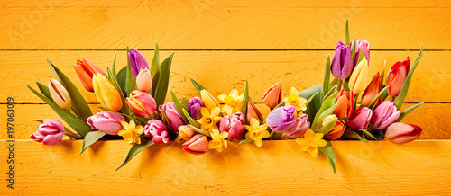 Easter or Spring banner with colorful flowers